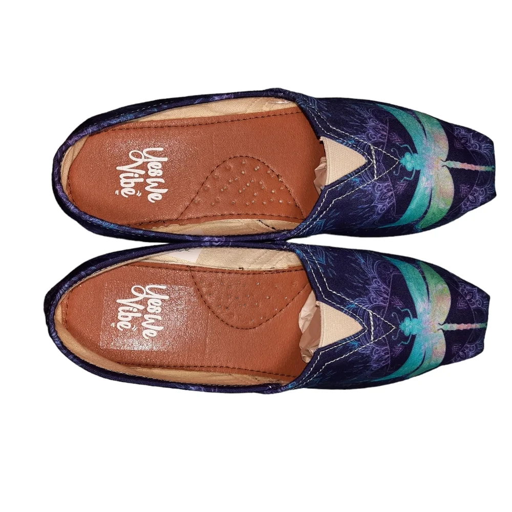 Yes We Vibe Dragonfly Mandala Graphic Canvas Slip-On Flats SZ 10